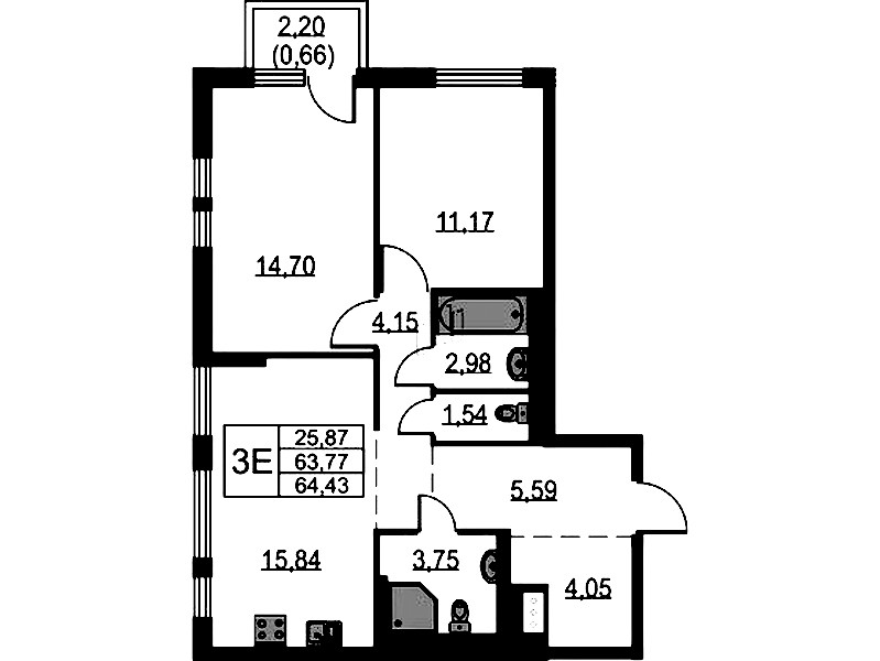 2-комнатная квартира 64.43 м², 6/17 эт., ЖК «Невская Долина»